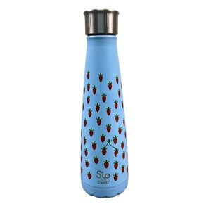 S'ip by S'well Very Berry Strawberry Print 15 oz Water Bottle Light‎ Blue EUC